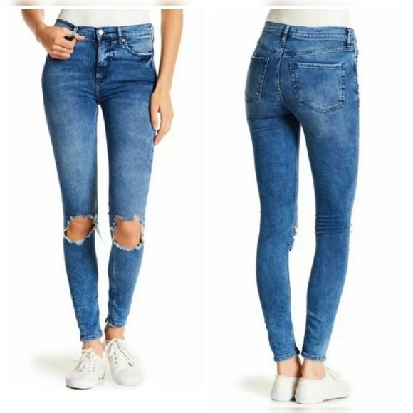 Free People Blue Jeans Distressed High Waist 31 - Picture 3 of 8